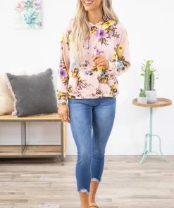 RED LOLLY LONG SLEEVES Baby Pink Floral Print Hoodie