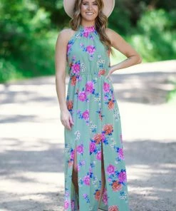 Staccato Sage And Pink Floral Halter Neck Maxi Dress