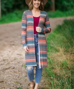 Twenty Second Mocha Multi Color Stripe Mid Length Cardigan Tops 7 Twenty Second Mocha Multi Color Stripe Mid Length Cardigan Tops