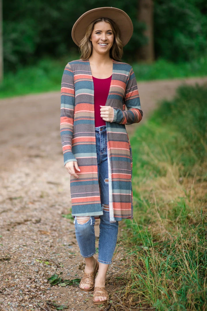 Twenty Second Mocha Multi Color Stripe Mid Length Cardigan Tops 5 Twenty Second Mocha Multi Color Stripe Mid Length Cardigan Tops