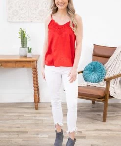 Vine & Love TANK TOPS Red Lace Trim Tank With Tonal Animal Print