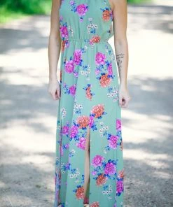 Staccato Sage And Pink Floral Halter Neck Maxi Dress