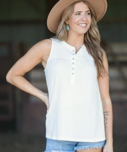 Doe & Rae Tops Cream Henley Tank With Pleat Detail
