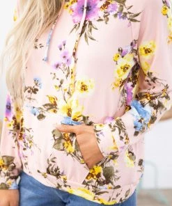 RED LOLLY LONG SLEEVES Baby Pink Floral Print Hoodie