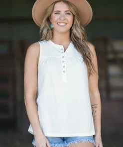 Doe & Rae Tops Cream Henley Tank With Pleat Detail