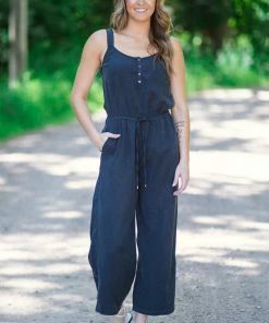 Staccato Graphite Elastic Waist Cropped Jumpsuit Dresses