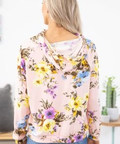 RED LOLLY LONG SLEEVES Baby Pink Floral Print Hoodie