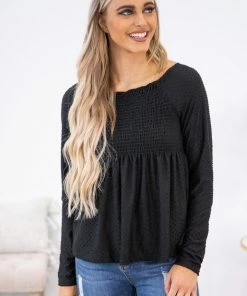 White Birch LONG SLEEVES Black Swiss Dot Smocked Bodice Top