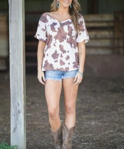 Melon Tops Brown And Cream Cow Print V-Neck Top