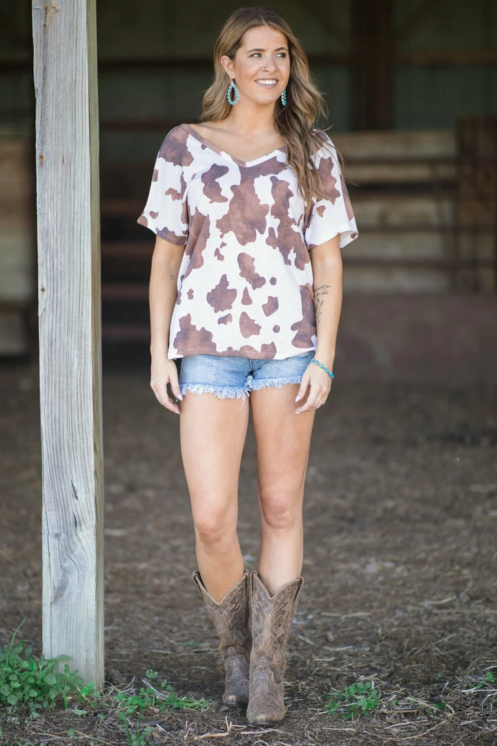 Melon Tops Brown And Cream Cow Print V-Neck Top 4 Melon Tops Brown And Cream Cow Print V-Neck Top