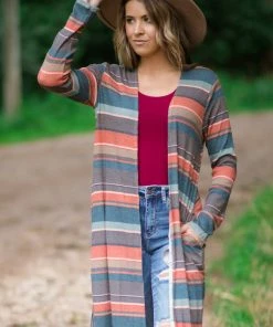 Twenty Second Mocha Multi Color Stripe Mid Length Cardigan Tops