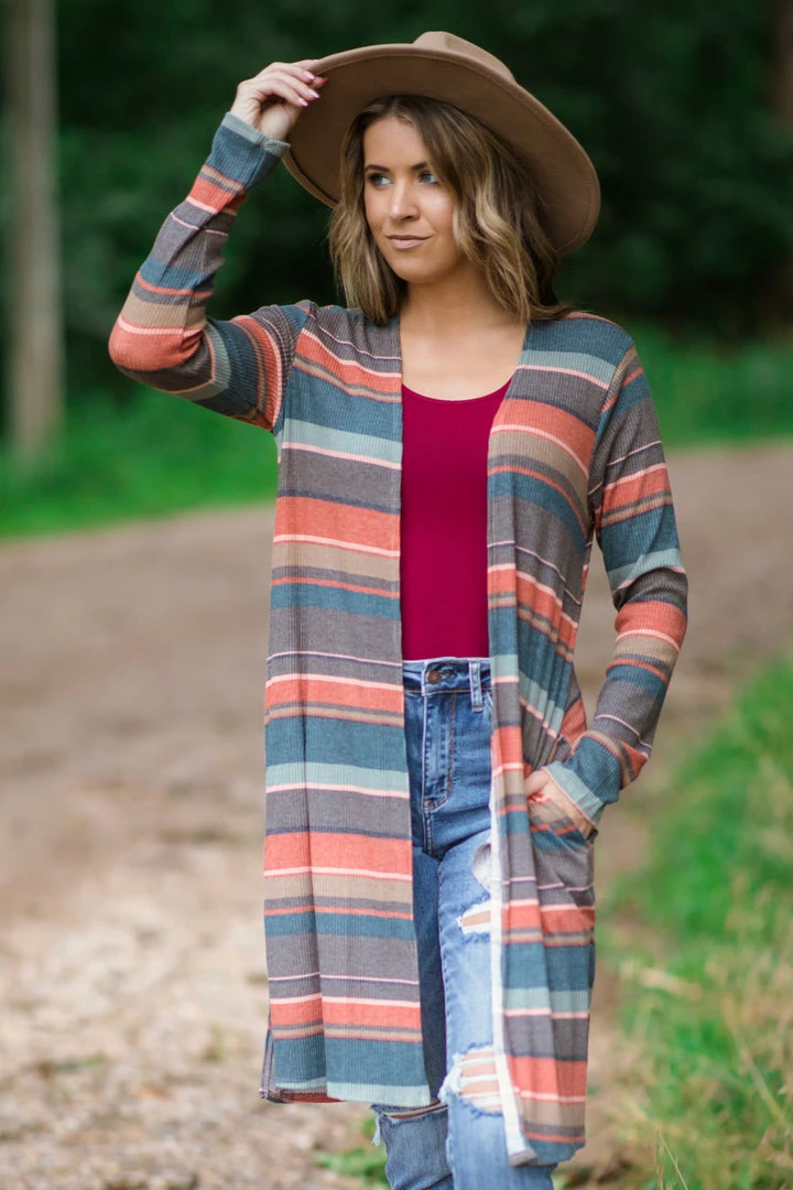 Twenty Second Mocha Multi Color Stripe Mid Length Cardigan Tops 3 Twenty Second Mocha Multi Color Stripe Mid Length Cardigan Tops