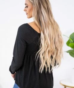 White Birch LONG SLEEVES Black Swiss Dot Smocked Bodice Top