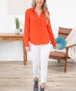 Have Fashion Red Notch Neck Button Up Top LONG SLEEVES