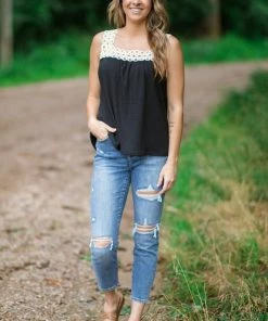 Macaron Black And White Waffle Knit Crochet Trim Tank