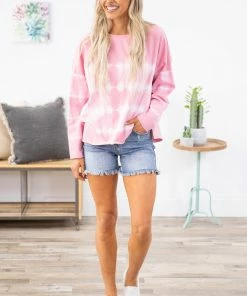 Main Strip Apparel Pink And White Tie Dye Long Sleeve Top LONG SLEEVES