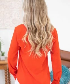 Have Fashion Red Notch Neck Button Up Top LONG SLEEVES