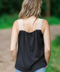 Macaron Black And White Waffle Knit Crochet Trim Tank