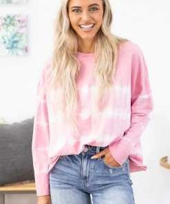 Main Strip Apparel Pink And White Tie Dye Long Sleeve Top LONG SLEEVES