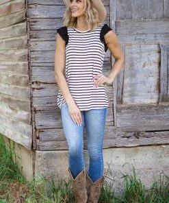 First Look Black And Ivory Stripe Flutter Sleeve Top Tops