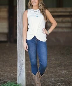 Doe & Rae Off White Knot Front Tank With Shoulder Cutout Tops 8 Doe & Rae Off White Knot Front Tank With Shoulder Cutout Tops