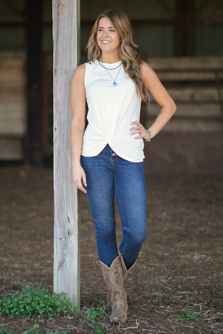 Doe & Rae Off White Knot Front Tank With Shoulder Cutout Tops 5 Doe & Rae Off White Knot Front Tank With Shoulder Cutout Tops