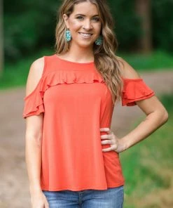 Hailey And Co Coral Cold Shoulder Top With Ruffle Detail