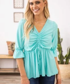 Lovely Melody LONG SLEEVES Aqua Ruched Bodice Ruffle Cuff Top