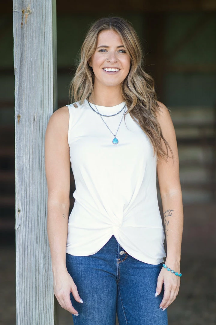 Doe & Rae Off White Knot Front Tank With Shoulder Cutout Tops 3 Doe & Rae Off White Knot Front Tank With Shoulder Cutout Tops