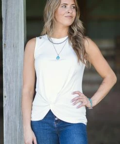 Doe & Rae Off White Knot Front Tank With Shoulder Cutout Tops
