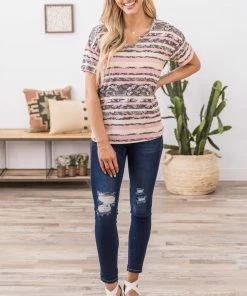 Acting Pro Baby Pink And Mocha Stripe V-Neck Top 9 Acting Pro Baby Pink And Mocha Stripe V-Neck Top