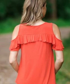 Hailey And Co Coral Cold Shoulder Top With Ruffle Detail