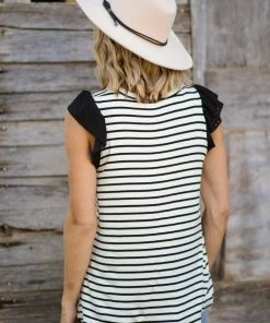 First Look Black And Ivory Stripe Flutter Sleeve Top Tops 7 First Look Black And Ivory Stripe Flutter Sleeve Top Tops