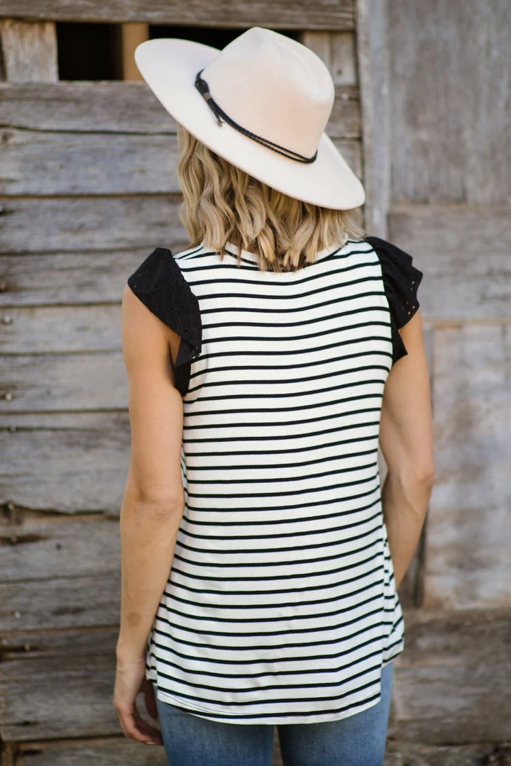 First Look Black And Ivory Stripe Flutter Sleeve Top Tops 5 First Look Black And Ivory Stripe Flutter Sleeve Top Tops