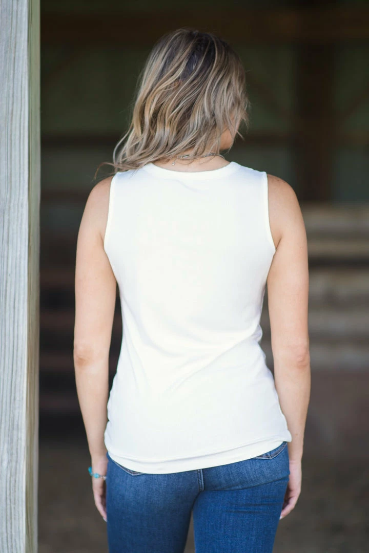 Doe & Rae Off White Knot Front Tank With Shoulder Cutout Tops 6 Doe & Rae Off White Knot Front Tank With Shoulder Cutout Tops