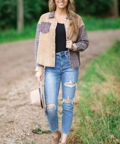 HyFve Tan Animal Print Colorblock Denim Shacket