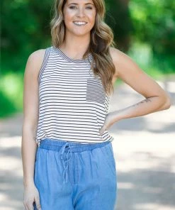 Staccato White And Black Stripe Tank With Pocket