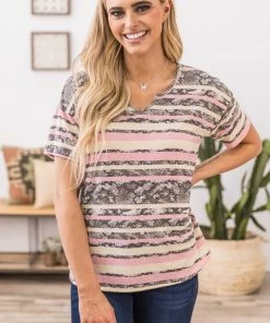 Acting Pro Baby Pink And Mocha Stripe V-Neck Top