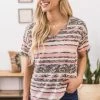 Acting Pro Baby Pink And Mocha Stripe V-Neck Top