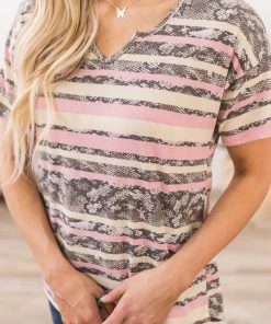 Acting Pro Baby Pink And Mocha Stripe V-Neck Top 11 Acting Pro Baby Pink And Mocha Stripe V-Neck Top