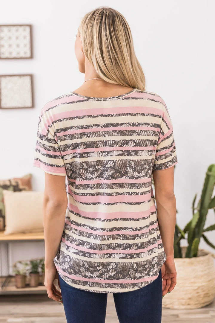 Acting Pro Baby Pink And Mocha Stripe V-Neck Top 6 Acting Pro Baby Pink And Mocha Stripe V-Neck Top