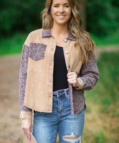 HyFve Tan Animal Print Colorblock Denim Shacket