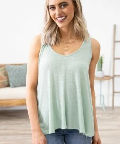 Wasabi+Mint Sage V-Neck Tank With Front Seam