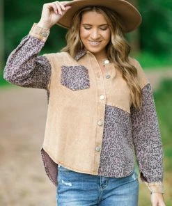 HyFve Tan Animal Print Colorblock Denim Shacket