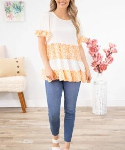 Hailey And Co SHORT SLEEVES Orange Animal Print Colorblock Babydoll Top 11 Hailey And Co SHORT SLEEVES Orange Animal Print Colorblock Babydoll Top