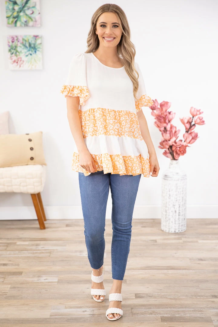 Hailey And Co SHORT SLEEVES Orange Animal Print Colorblock Babydoll Top 6 Hailey And Co SHORT SLEEVES Orange Animal Print Colorblock Babydoll Top