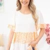 Hailey And Co SHORT SLEEVES Orange Animal Print Colorblock Babydoll Top
