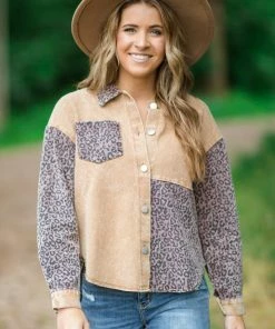 HyFve Tan Animal Print Colorblock Denim Shacket