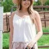 Lovely Melody Off White And Mocha Palm Print Trim Tank Tops