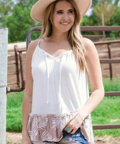 Lovely Melody Off White And Mocha Palm Print Trim Tank Tops